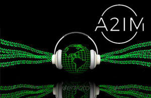 a2im logo over a wireframe model of the earth wearing headphones that are emitting binary code